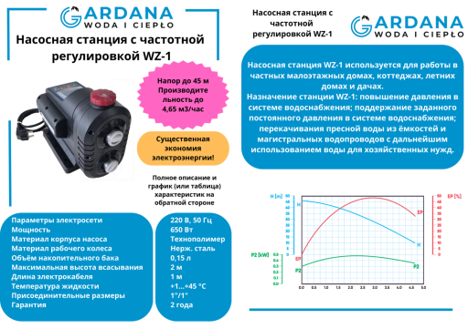 Насосная станция постоянного давления с частотной регулировкой WZ-1 GARDANA